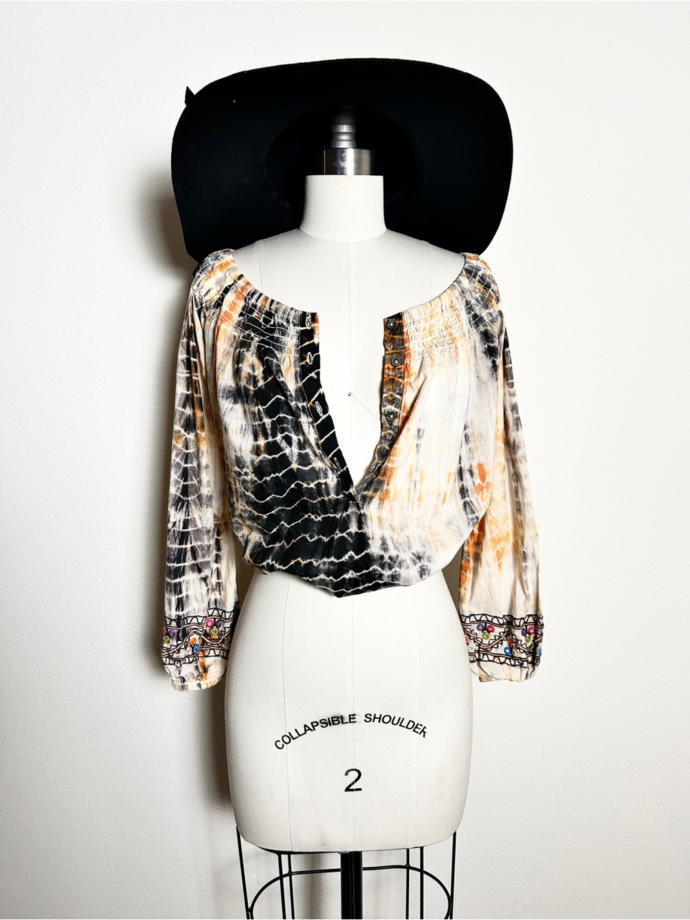 Desigual Tie Dye Boho Peasant Crop Top Embroidered Long Sleeve Festival Bohemian
